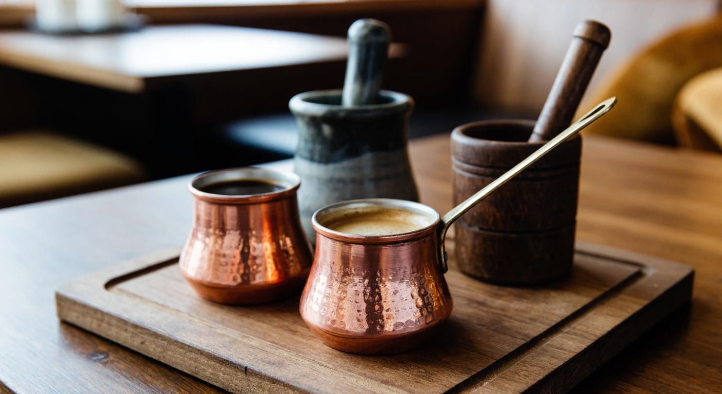 A rustic wooden table in a cozy Turkish café holds two small copper cezves—one filled with aromatic mirvari coffee infused with spices like saffron and mastic, and the other with finely ground dibek coffee, alongside traditional tulip-shaped cups and a mortar and pestle.
