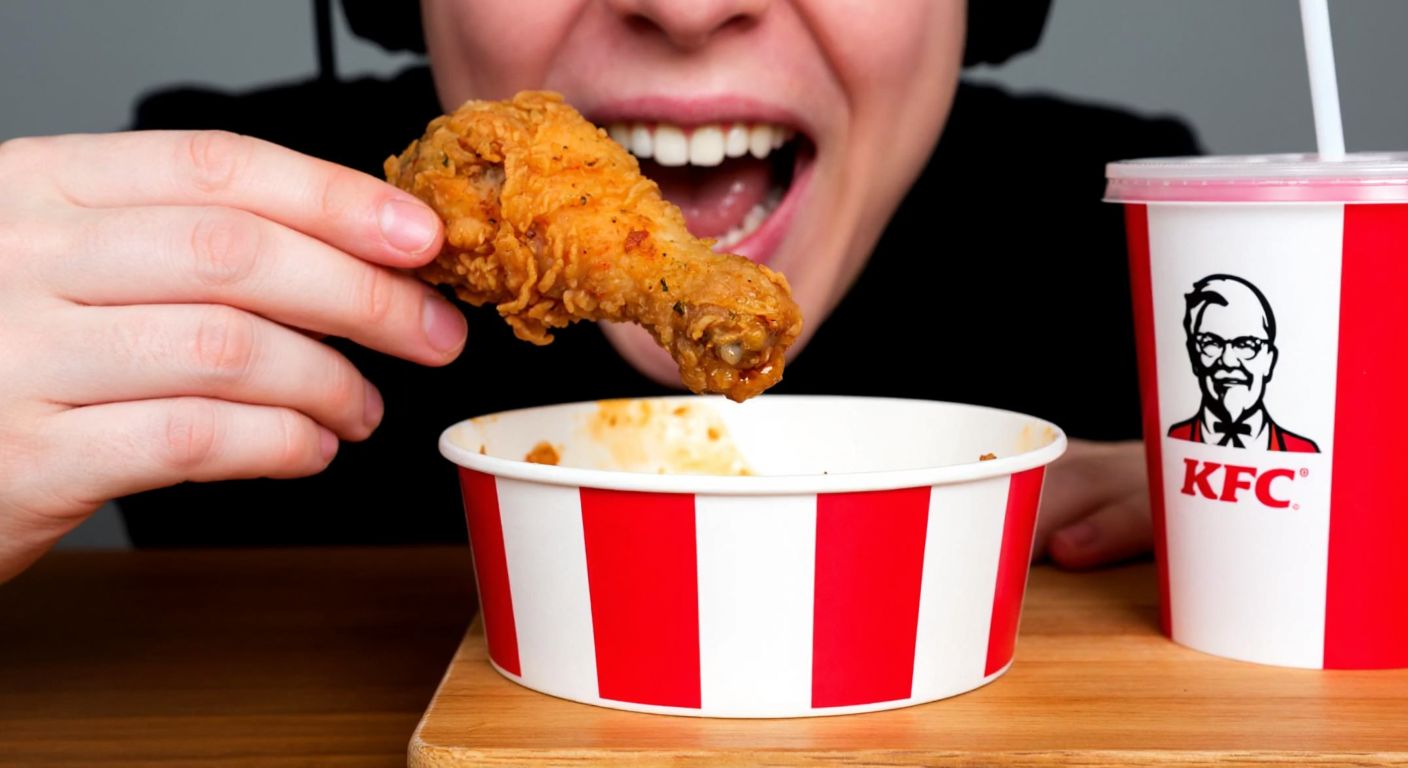A person in Turkey biting into a crispy KFC chicken wing with a delighted expression, their fingers slightly greasy, while a red-and-white KFC bucket sits on a wooden table beside them.
