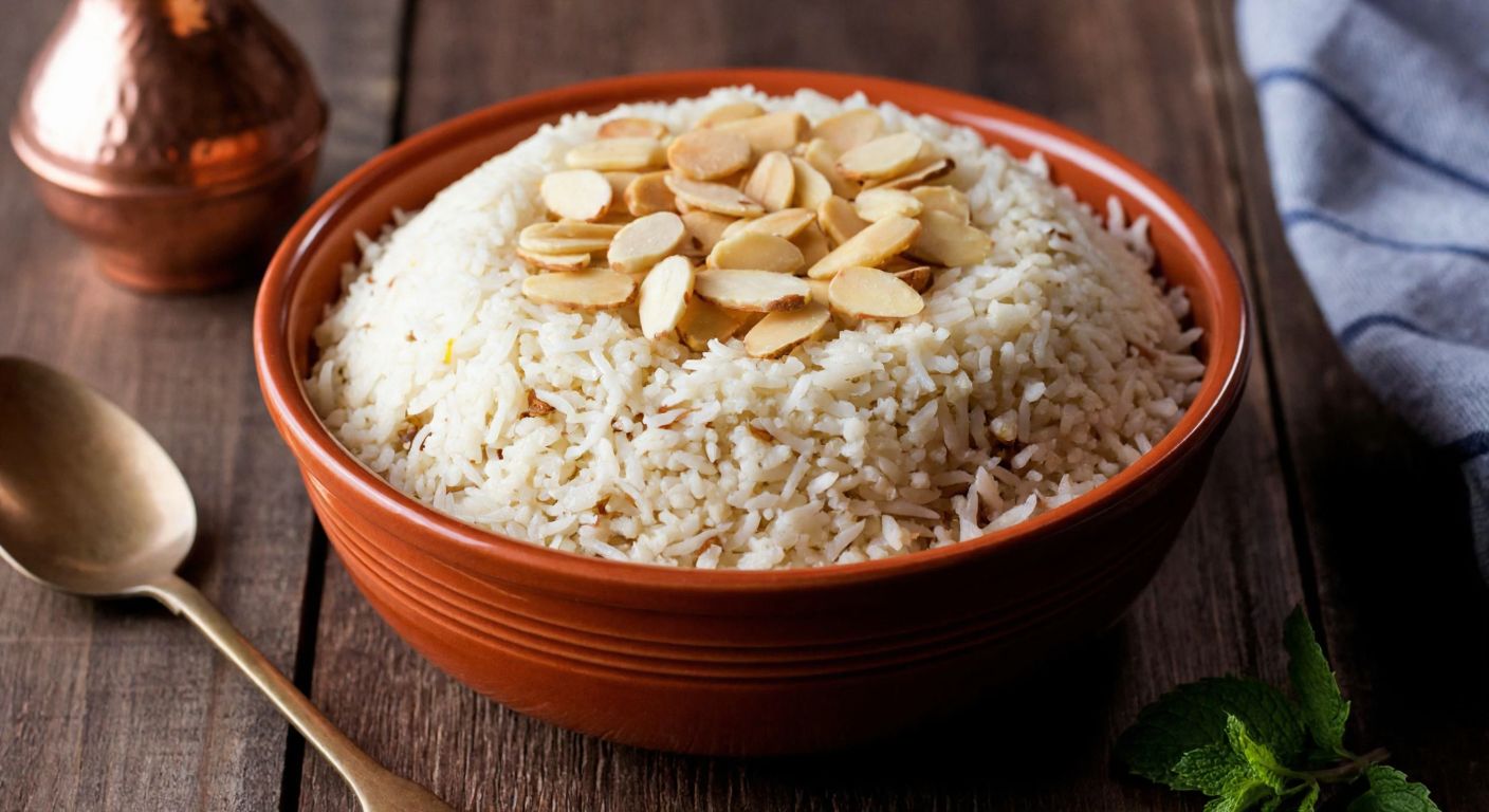 A steaming ceramic bowl of fragrant bademli iç pilav, made with fluffy long-grain rice and topped with golden toasted almonds, set on a rustic wooden table with a traditional Turkish copper spoon beside it.