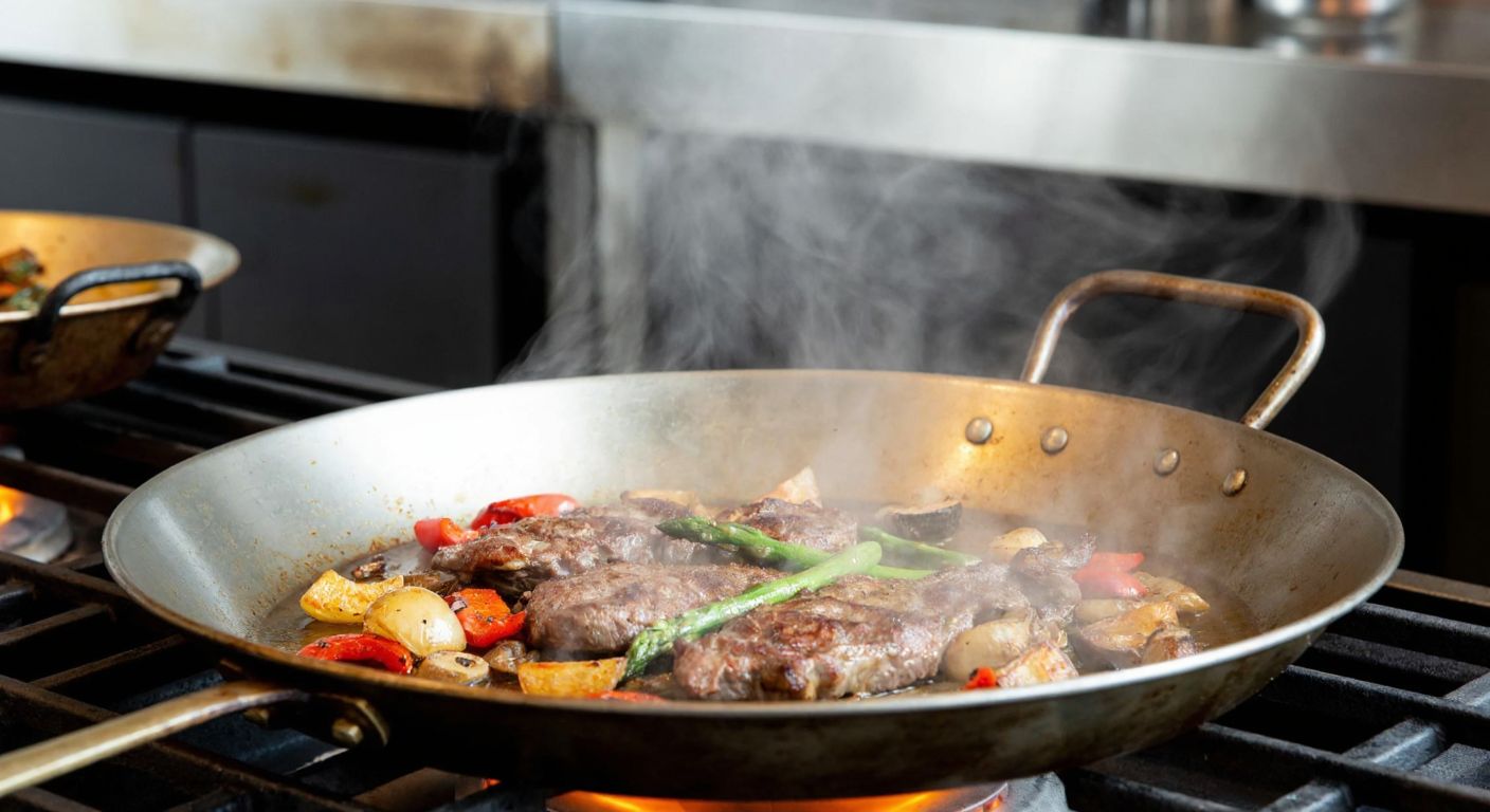 A large, well-worn metal frying pan, roughly 30 cm wide, sits on a stove in a Turkish kitchen, with steam rising from sizzling meat and vegetables inside.