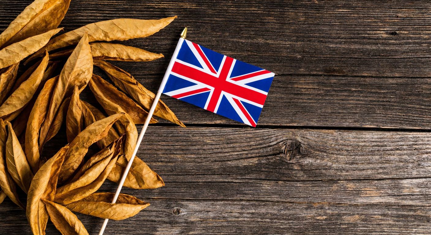 A rustic wooden table with a neatly arranged pile of golden-brown tobacco leaves next to a small British flag, evoking a traditional English countryside setting.