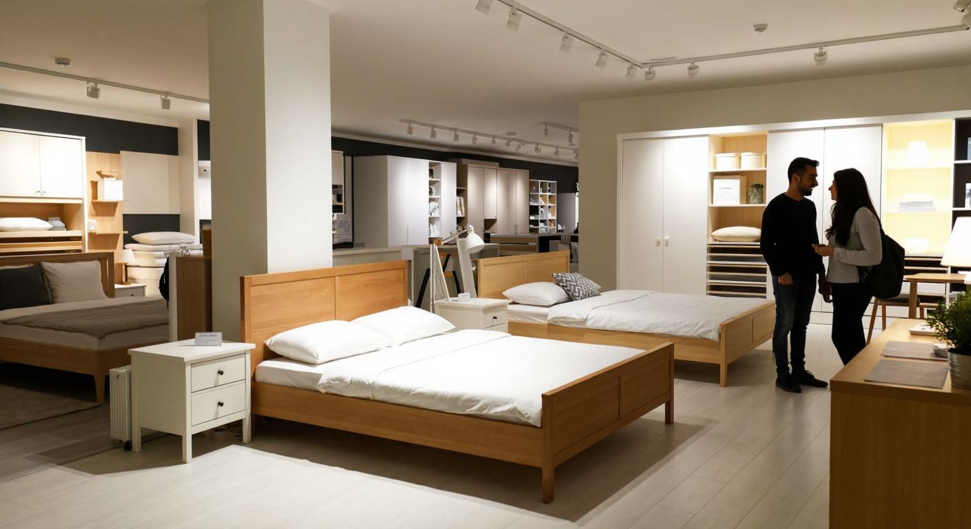 A bright, modern IKEA showroom in Turkey displays neatly arranged wooden and white bed frames with drawers, under warm lighting, with a Turkish couple examining them closely.
