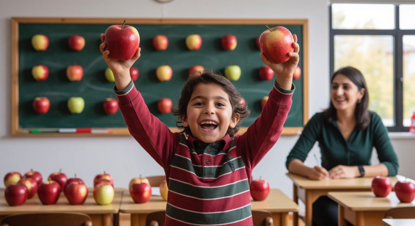 A young student in a Turkish classroom excitedly holds up a chalkboard with nine apples divided into groups, one apple remaining alone, while the teacher smiles approvingly.