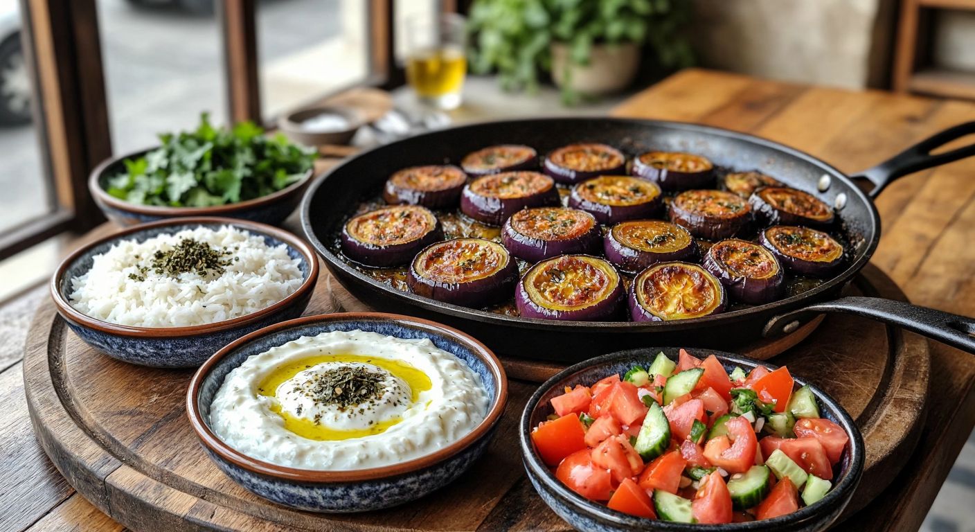 A rustic wooden table in a Turkish kitchen holds a steaming pan of fried eggplant, surrounded by small bowls of fluffy white rice pilaf, creamy cacık with drizzled olive oil, tangy haydari sprinkled with dried mint, and a vibrant çoban salad with diced tomatoes and cucumbers.