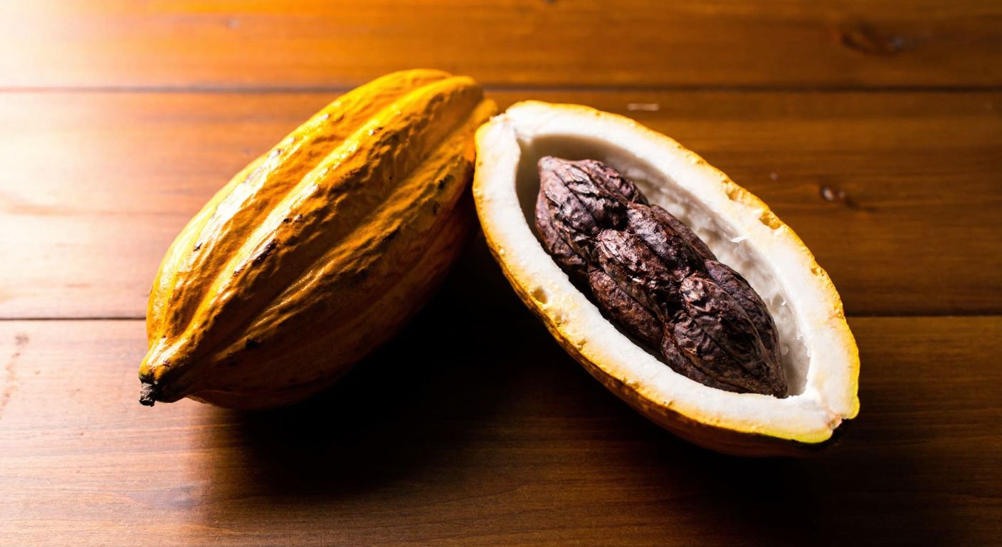 A ripe cacao pod split open on a wooden table, revealing rows of fresh cocoa beans nestled in white pulp, with a warm golden light highlighting their glossy texture.
