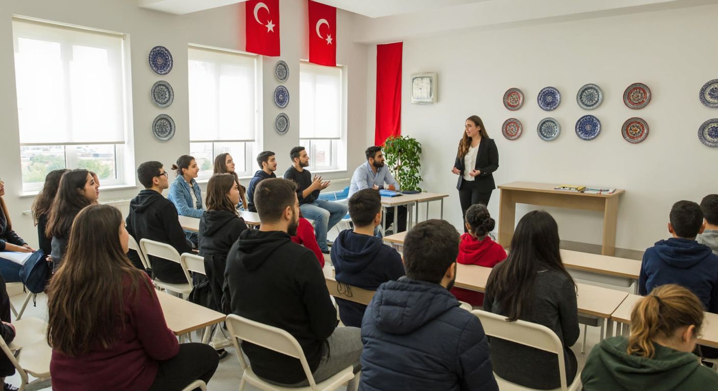 A diverse group of students attentively listening to a teacher in a bright, modern classroom with Turkish flags and traditional ceramic plates decorating the walls.
