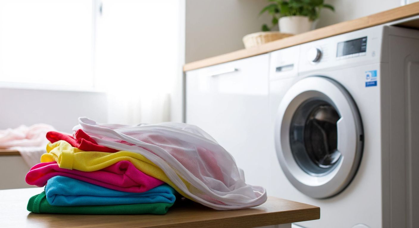 A neatly folded pile of colorful polyester, nylon, and microfiber laundry nets sits on a wooden table next to a modern washing machine in a sunlit Turkish laundry room.