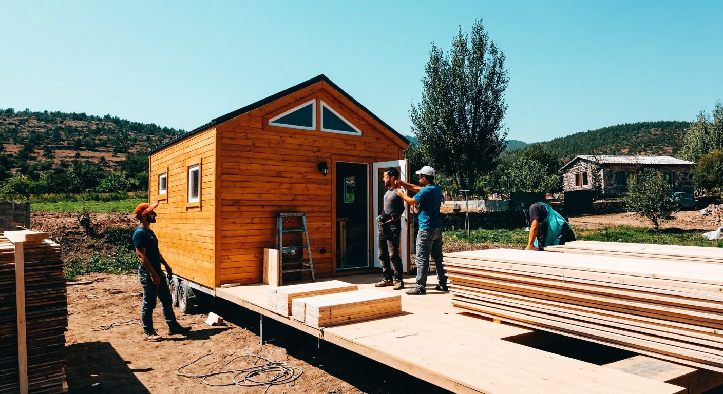 A cozy, compact wooden tiny house under construction in a sunny Turkish countryside, with workers assembling the roof and walls, surrounded by stacks of timber and tools.