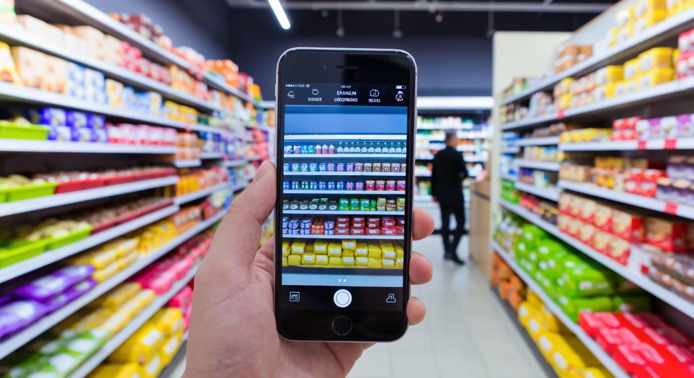A bustling Turkish supermarket aisle with colorful shelves of local products, contrasted by a smartphone screen displaying a sleek mobile app interface for business transactions.