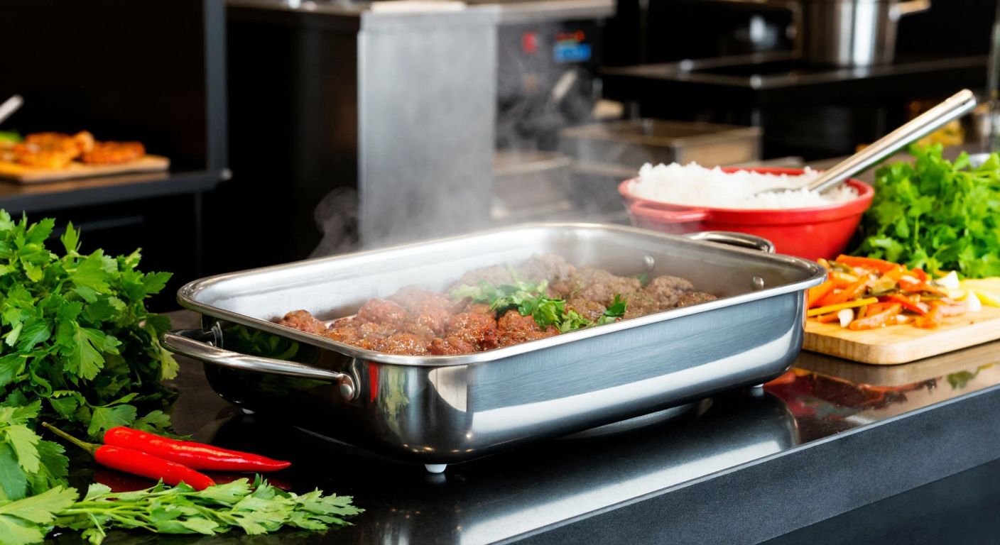 A stainless steel gastronorm pan filled with steaming Turkish kebabs sits on a bustling restaurant counter, surrounded by fresh herbs and colorful spices.