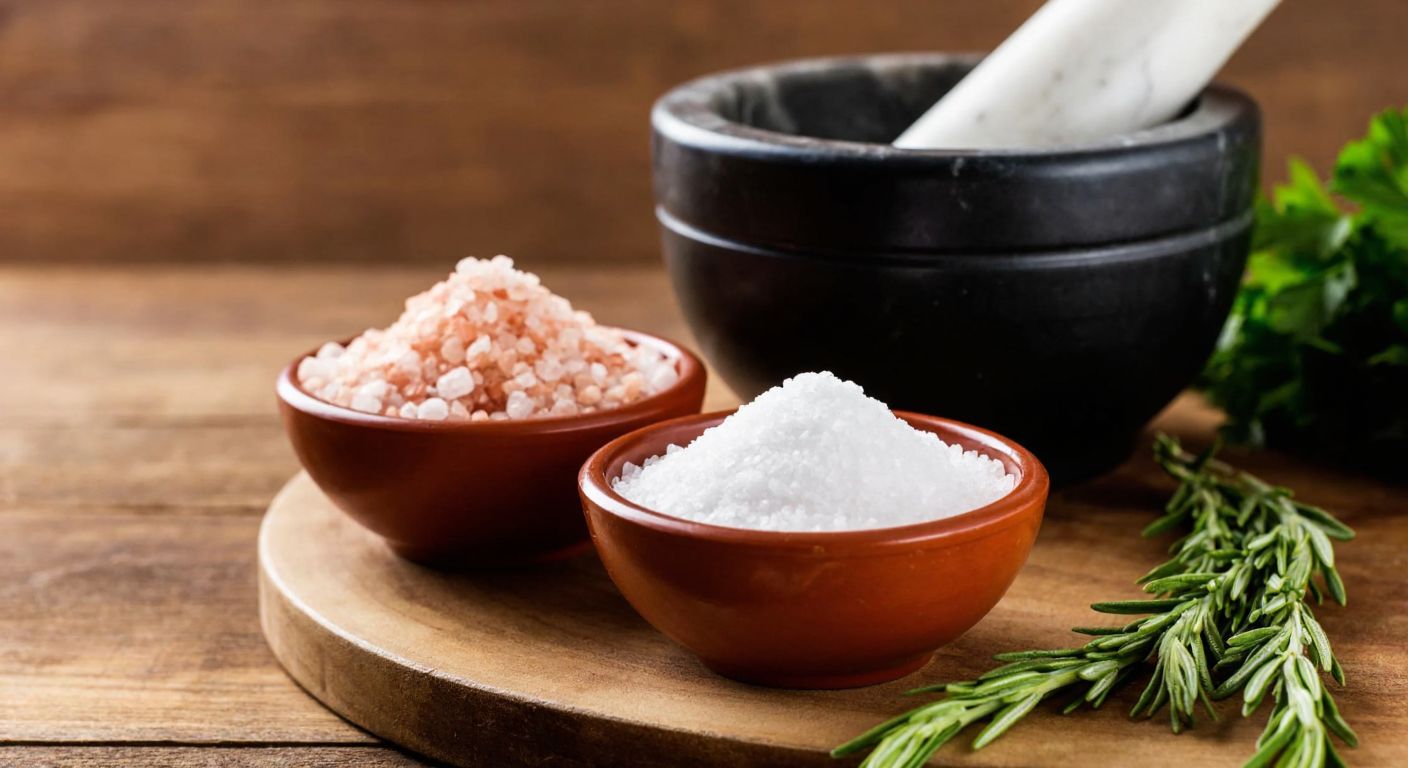 A rustic wooden table in a Turkish kitchen holds two small bowls—one filled with coarse pink Himalayan salt crystals and the other with fine white table salt, next to a mortar and pestle and fresh herbs.