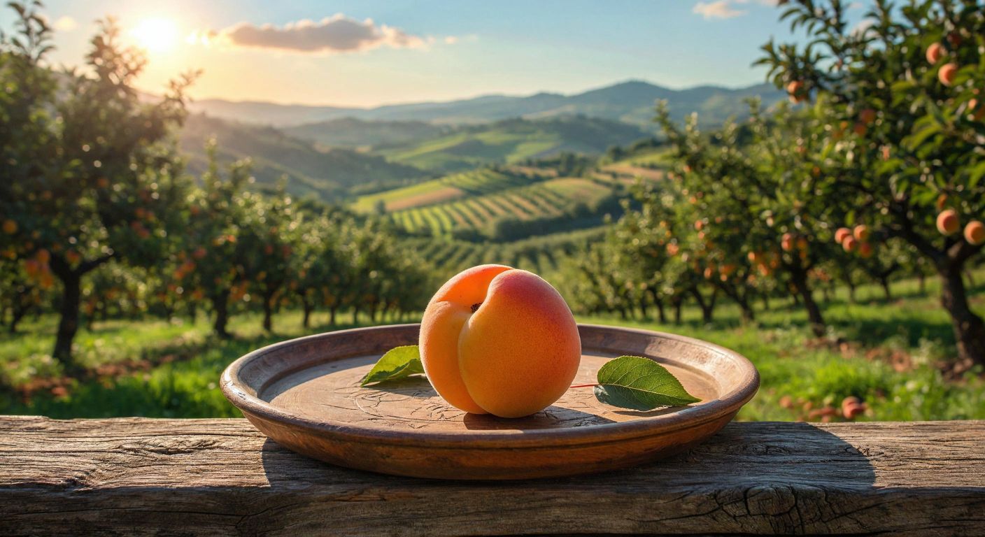 A vibrant Turkish apricot resting on a traditional wooden tray, surrounded by golden sunlight in a lush orchard with rolling green hills in the background.