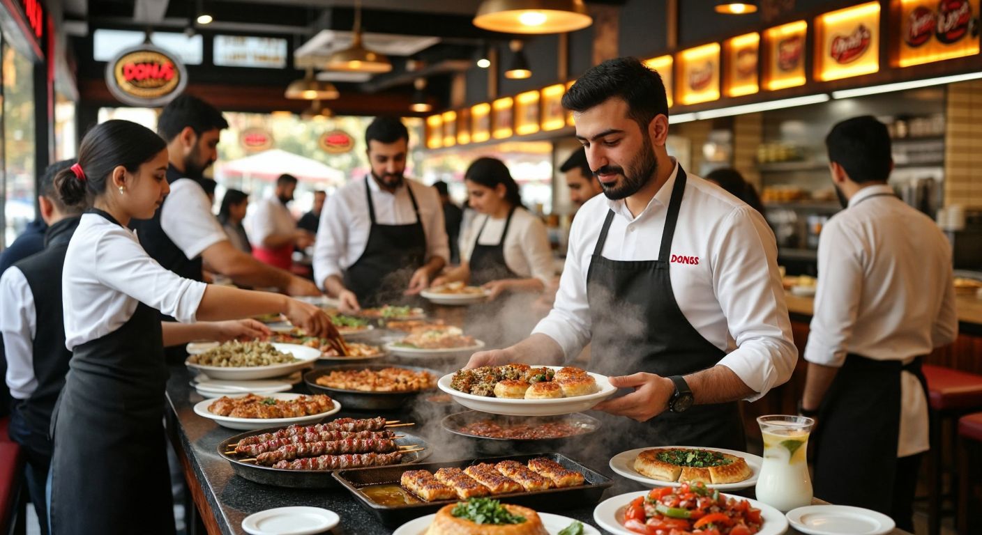 A bustling Donas restaurant in Osmaniye with families enjoying steaming plates of kebabs and baklava, waiters in crisp uniforms serving trays of ayran and tea, and a warm, alcohol-free atmosphere under soft golden lighting.