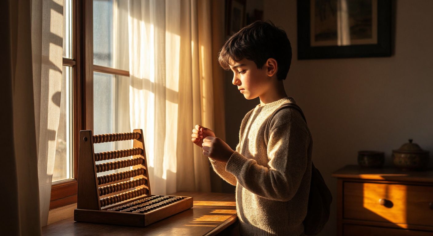 A young person in Turkey thoughtfully counting days on their fingers while standing near a traditional wooden abacus, with warm sunlight casting long shadows in a cozy room.