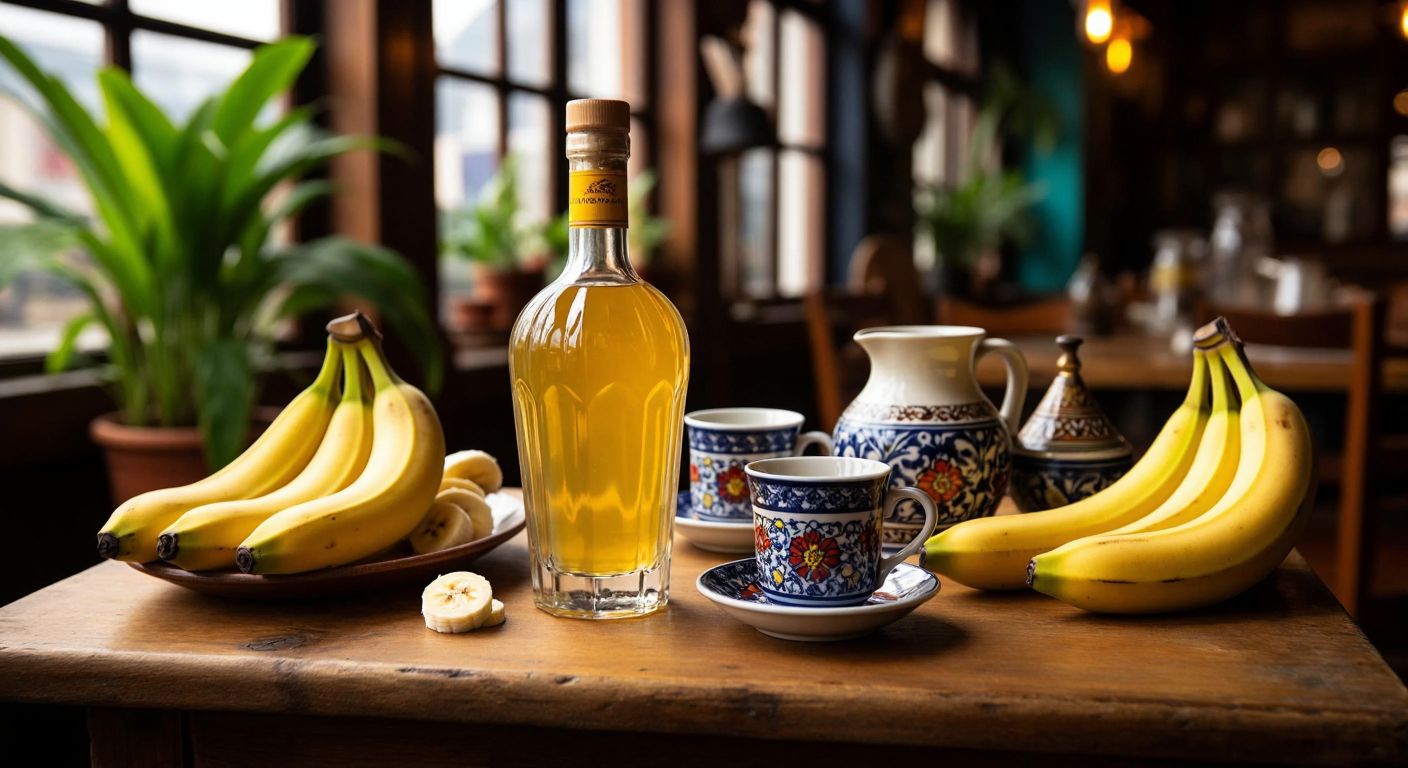 A golden-hued banana liqueur bottle sits on a rustic wooden table in a cozy Turkish café, surrounded by fresh bananas and traditional Turkish ceramic cups.