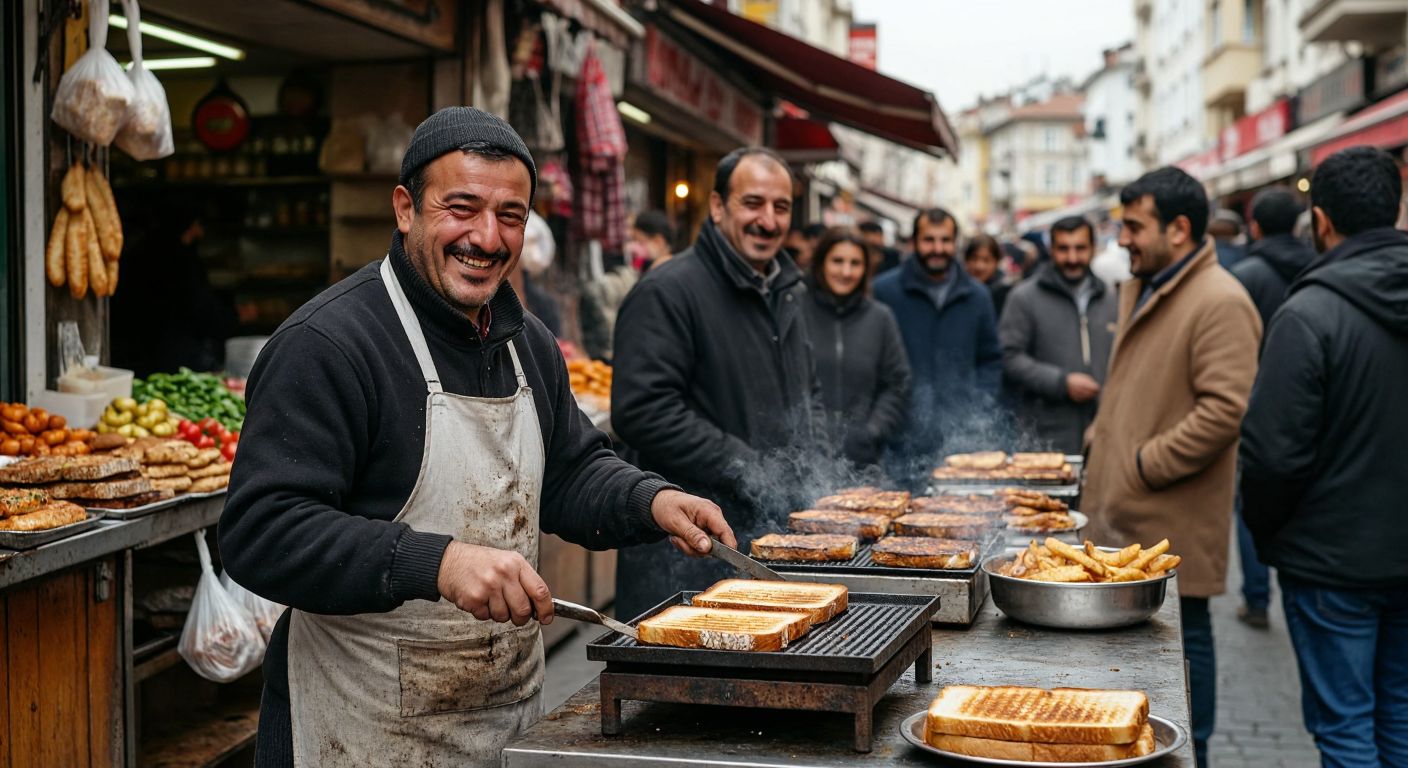 A cheerful street vendor in a bustling Turkish bazaar grills a plain, crusty tost on a worn metal press, surrounded by curious onlookers smiling at the simple yet nostalgic offering.