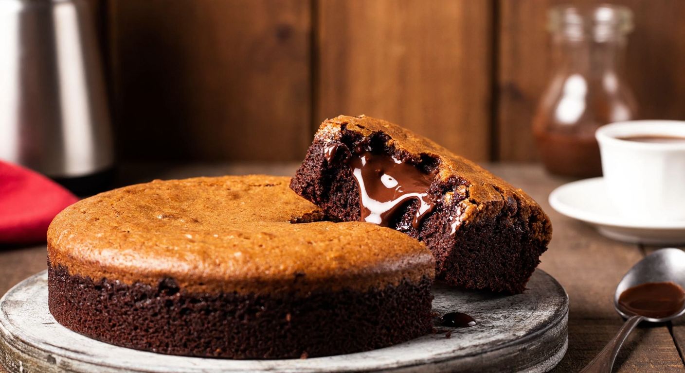 A close-up of a golden-brown Eti Browni Gold cake with a rich chocolate sauce oozing from its center, placed on a rustic wooden table in a cozy Turkish kitchen.