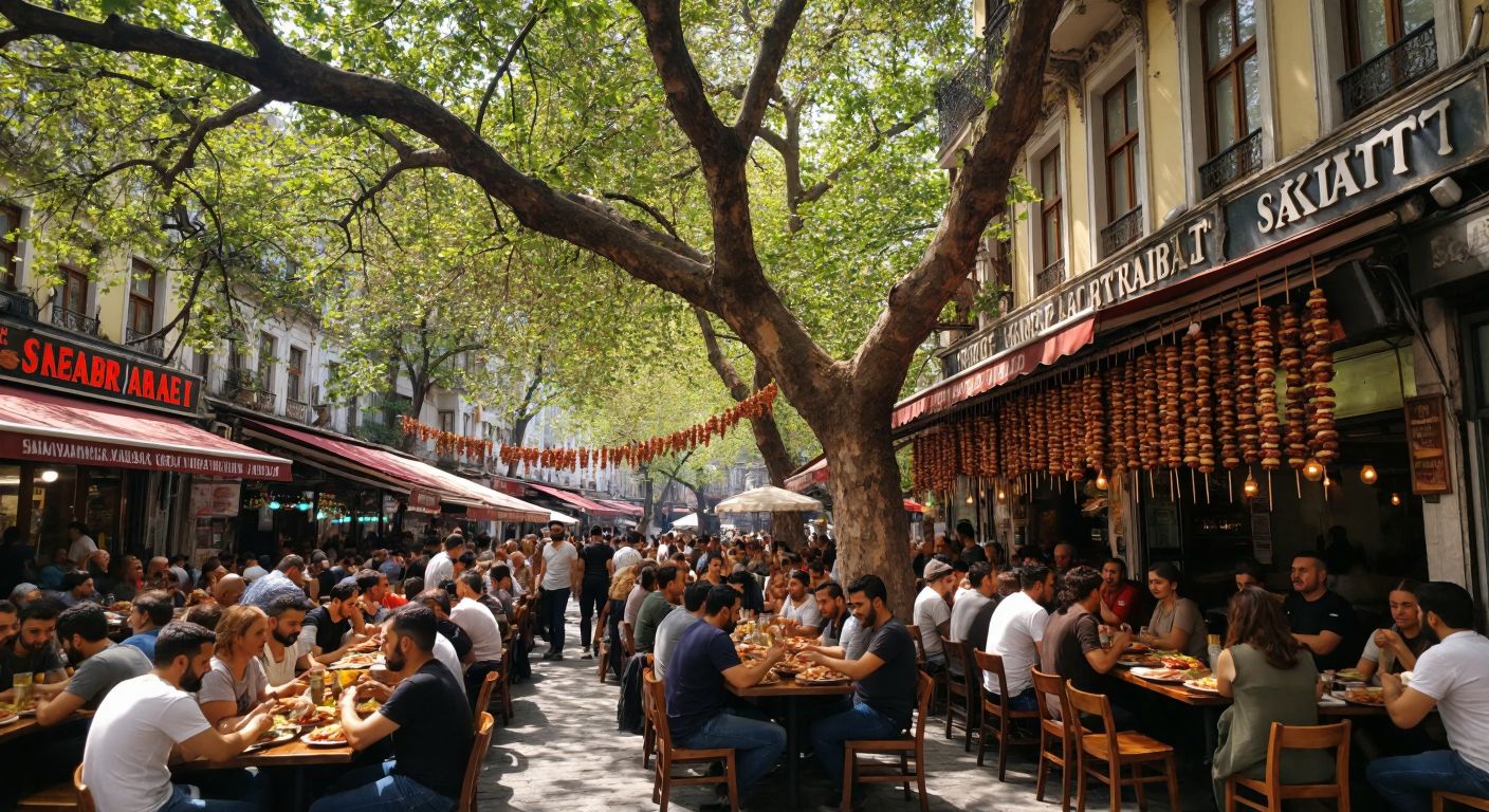 A bustling Turkish kebap restaurant in Istanbul with sizzling skewers of meat, warm golden bread, and a lively crowd of locals enjoying their meals under the shade of a large plane tree.