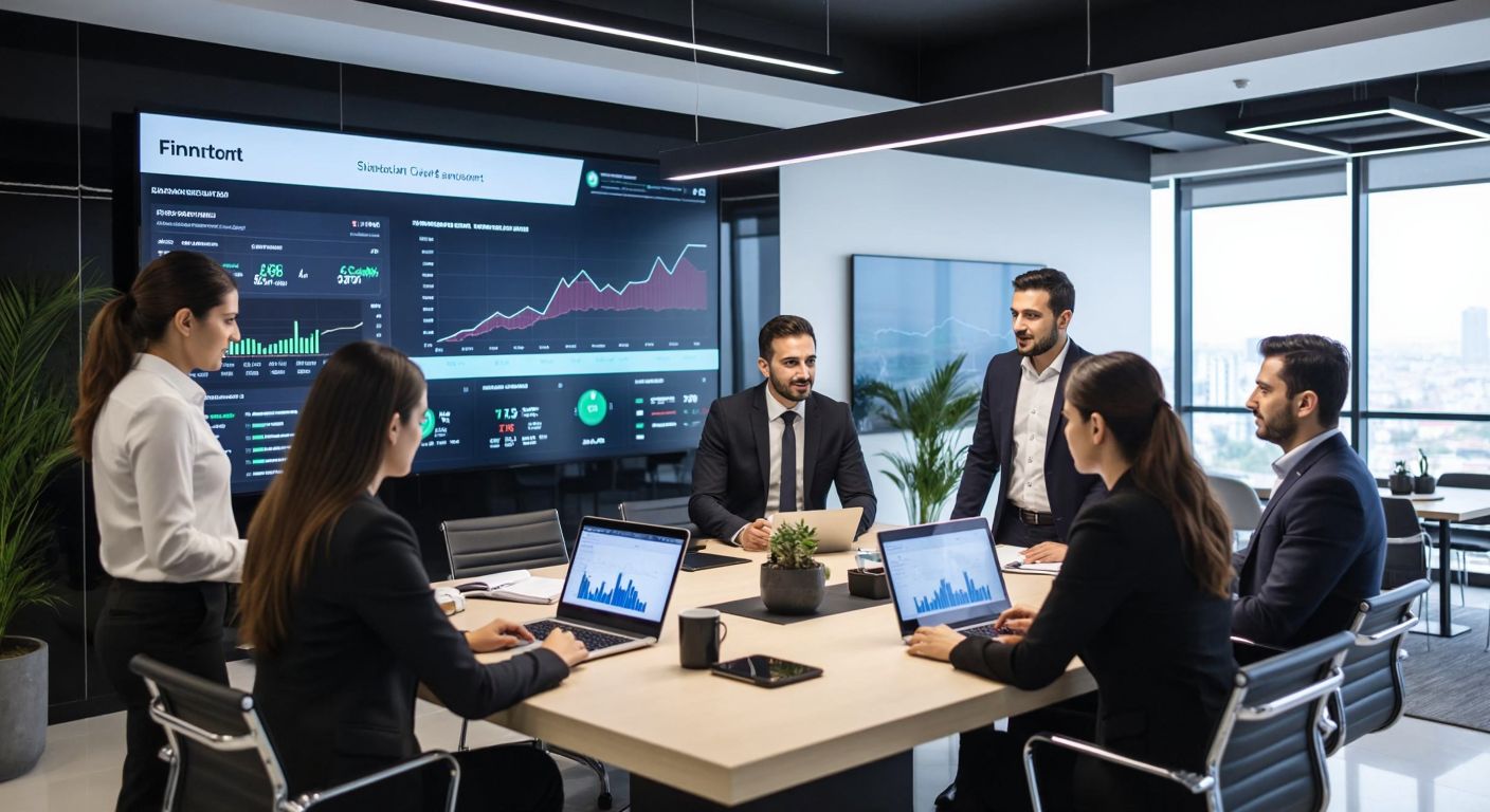 A sleek, modern office in Istanbul with Turkish professionals in business attire collaborating around a digital dashboard displaying financial data flows, symbolizing Finrota's fintech solutions.
