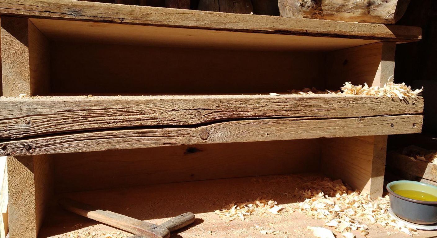 A weathered wooden shelf with visible grain and cracks stands in a sunlit Turkish workshop, surrounded by fresh wood shavings and a small pot of natural oil, evoking durability and craftsmanship.
