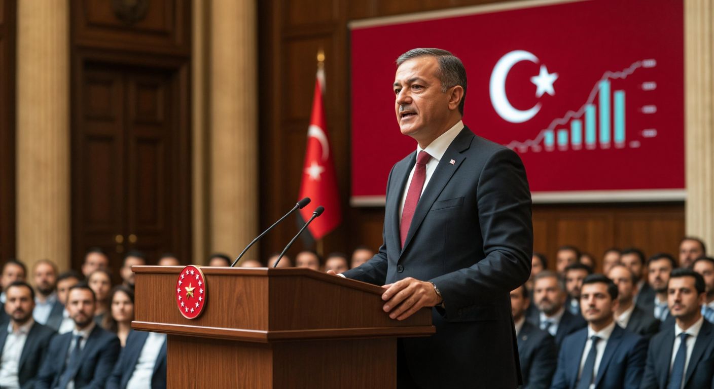 A confident middle-aged man in a dark suit stands at a podium in a grand hall, addressing a crowd of attentive listeners, with a Turkish flag in the background and a graph showing rising economic indicators.