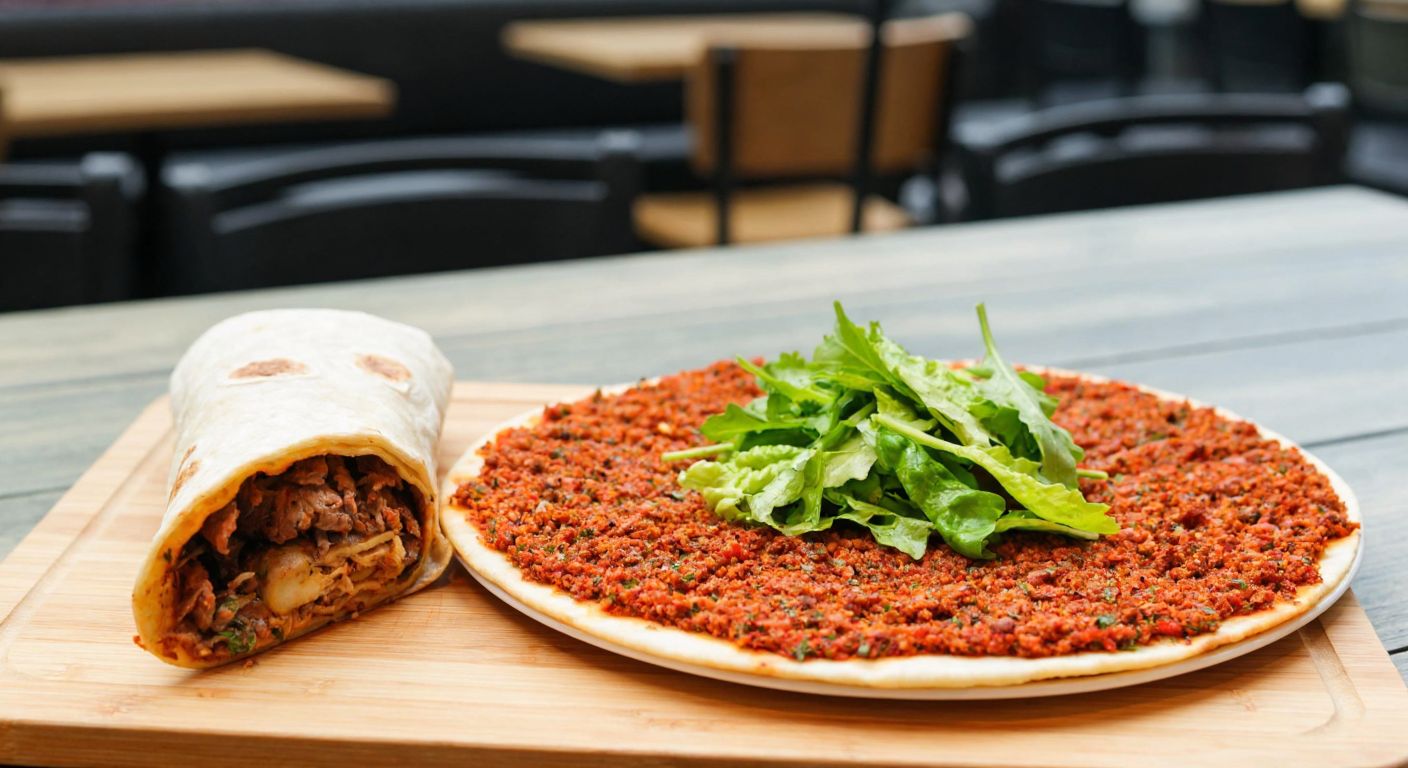A crisp, round lahmacun topped with spiced minced meat and herbs sits beside a tightly rolled dürüm filled with grilled meat and fresh greens on a rustic wooden table in a bustling Turkish eatery.