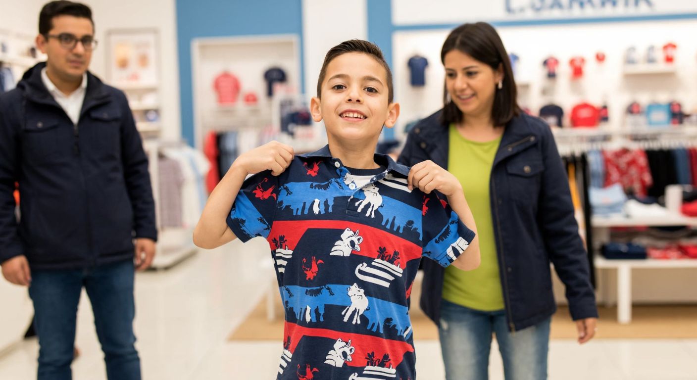 A cheerful Turkish boy, around 10 years old, stands in an LC Waikiki store, holding up a colorful shirt against himself with a curious smile, while a parent watches nearby.