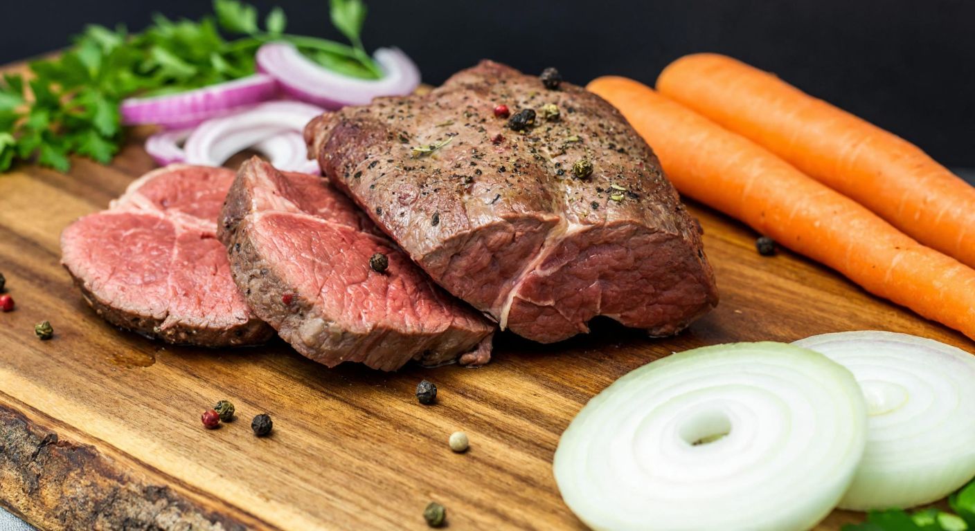A close-up of a tender beef sirloin marinating in a golden mixture of olive oil, lemon juice, minced garlic, and black pepper, surrounded by fresh slices of onion, carrot, and herbs on a rustic wooden cutting board in a Turkish kitchen.