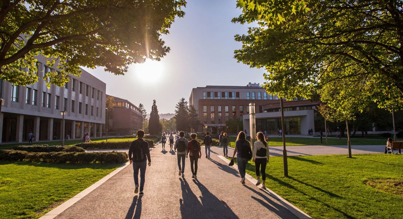 A sunlit Ankara University Tandoğan campus with modern academic buildings, students walking between faculties, and a mix of trees and open green spaces in the background.