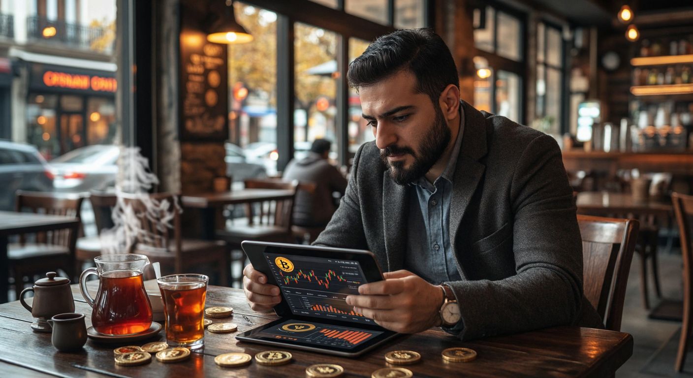 A Turkish investor in a modern café studies a glowing cryptocurrency chart on a tablet, surrounded by steaming çay and scattered coins, with a thoughtful expression.