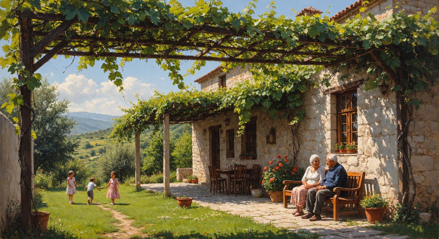 A serene Turkish countryside scene with a traditional single-story stone house surrounded by a lush garden, an elderly couple sitting on a wooden bench under a grapevine pergola, and children playing nearby, all bathed in warm sunlight.
