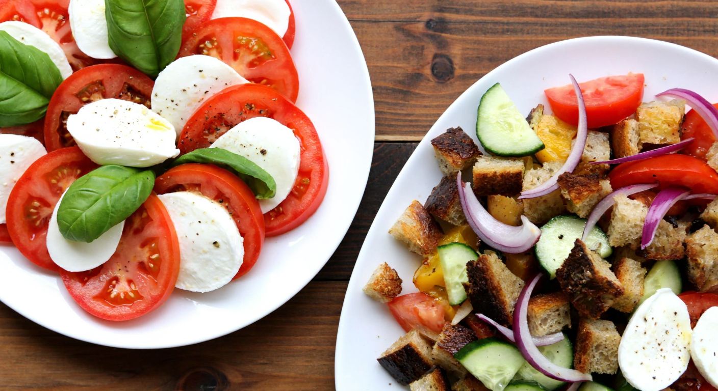 A rustic wooden table in an Italian trattoria holds a vibrant Caprese salad with sliced red tomatoes, creamy white mozzarella, and fresh green basil leaves drizzled with golden olive oil, alongside a colorful Panzanella salad with chunks of crusty bread, juicy tomatoes, crisp cucumbers, and purple onions.