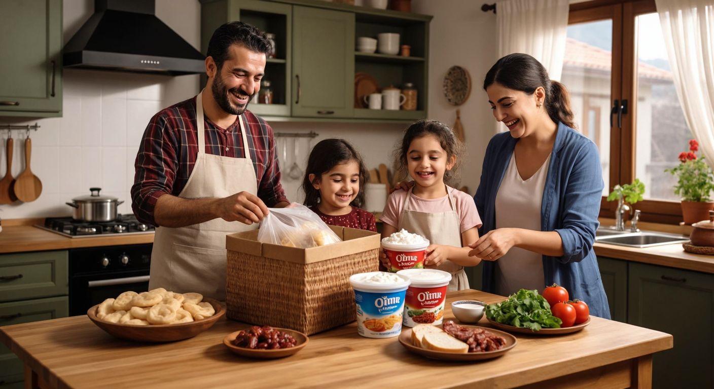 A nostalgic Turkish family smiling as they unpack a bag of groceries, revealing the iconic Ömür Yoğurt and Ayran containers on a wooden kitchen table with traditional Turkish breakfast items in the background.