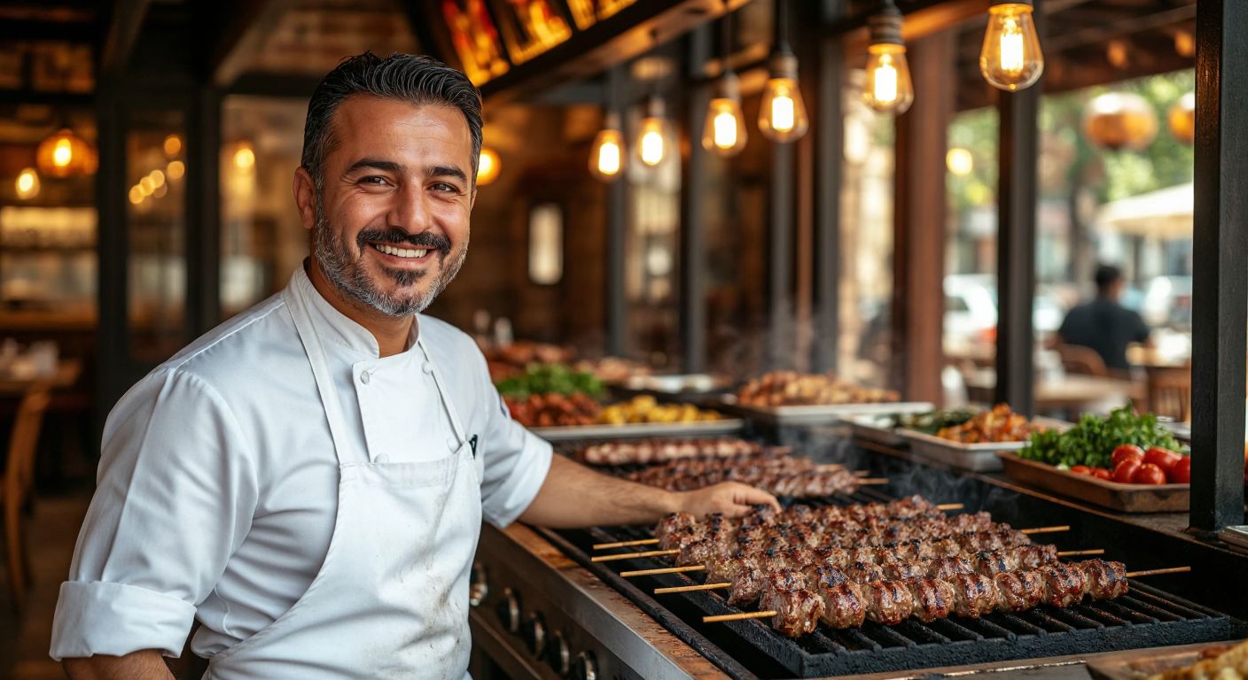 A smiling middle-aged Turkish man with a neatly trimmed beard, wearing a white chef's apron, stands proudly in front of a sizzling ocakbaşı grill filled with skewered meats and vegetables in a warmly lit traditional restaurant.
