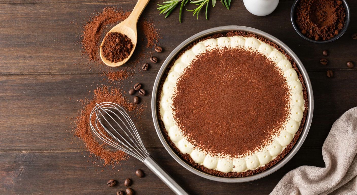 A rustic Turkish kitchen with a wooden table displaying a freshly assembled tiramisu in a round metal baking tray, surrounded by scattered coffee beans, cocoa powder, and a whisk resting nearby.