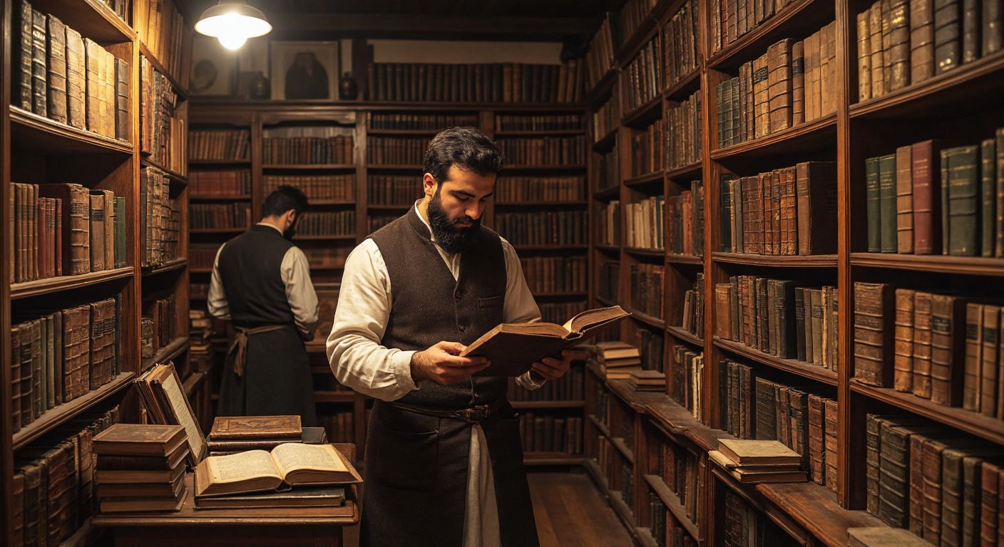 A warm, dimly lit antique bookshop in Istanbul, with wooden shelves stacked high with old, leather-bound books, a bearded shopkeeper in a traditional vest carefully examining a worn volume while a curious customer browses nearby.