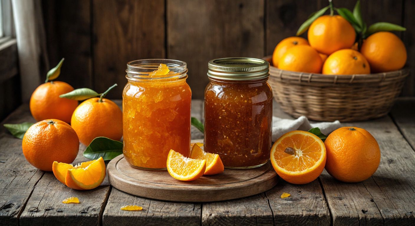A rustic wooden table in a Turkish kitchen holds two jars—one filled with bright orange marmalade with citrus peels, the other with thick, amber-colored marmelat made from quince, surrounded by fresh oranges and quince slices.