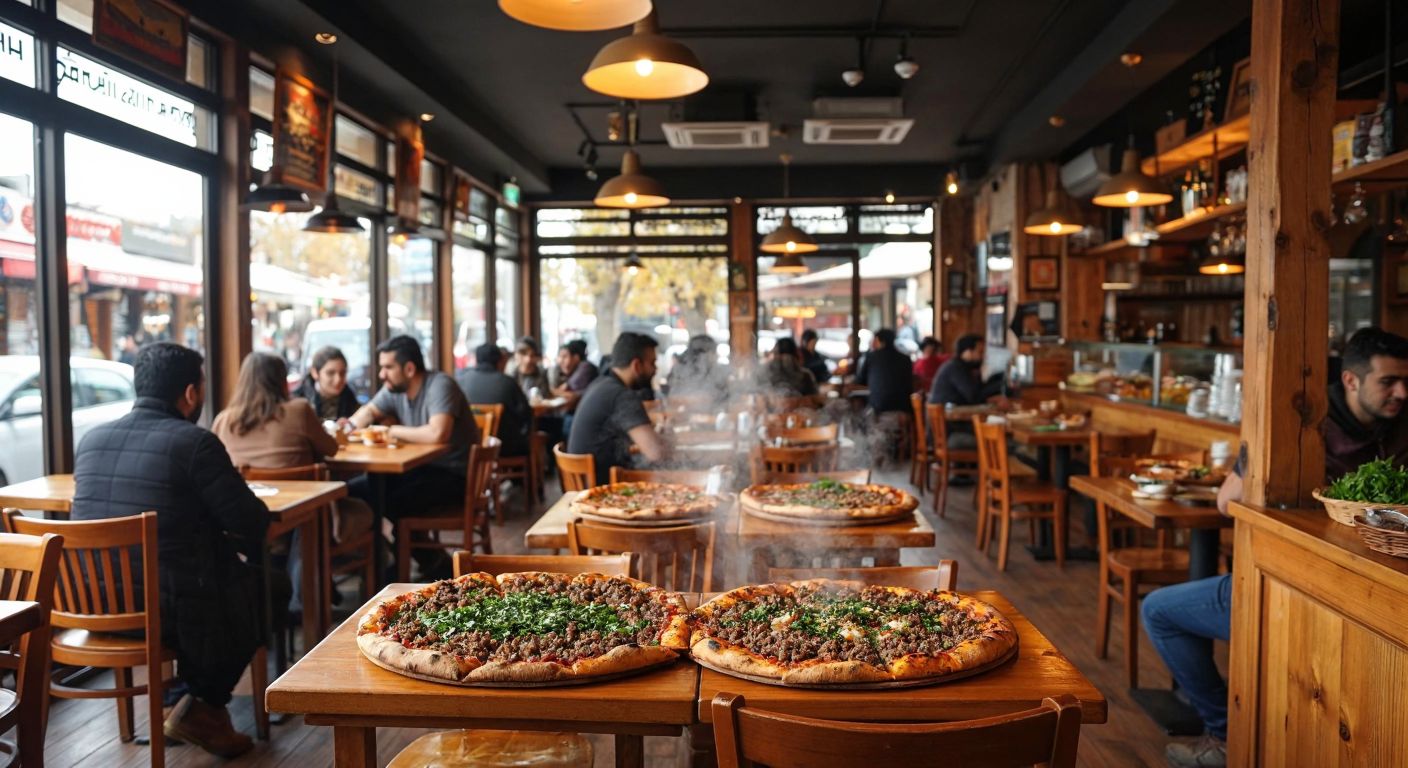A bustling Turkish pide restaurant with warm wooden tables, steaming golden pides topped with minced meat and herbs, and a lively atmosphere of locals chatting and sharing meals.