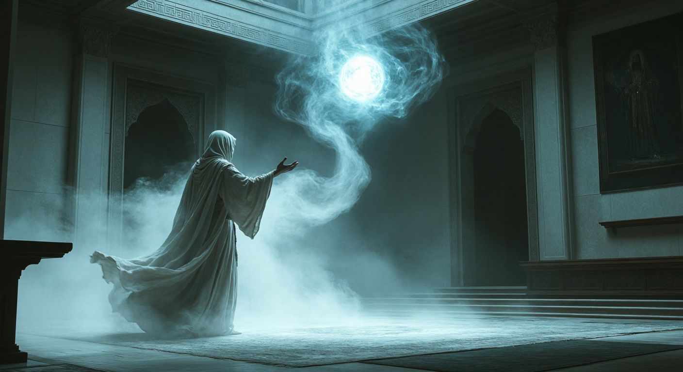 A dimly lit room with a mysterious figure in flowing robes gesturing toward a floating, glowing object that materializes from thin air, surrounded by an aura of ethereal mist.