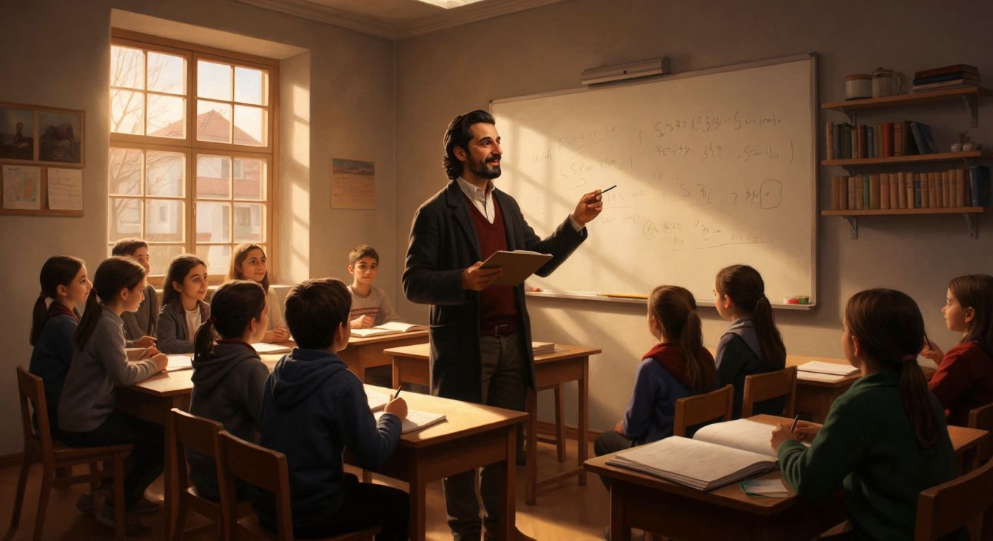 A cozy classroom in Sakarya with a passionate Turkish teacher writing math equations on a whiteboard, surrounded by attentive students holding notebooks, under warm lighting.