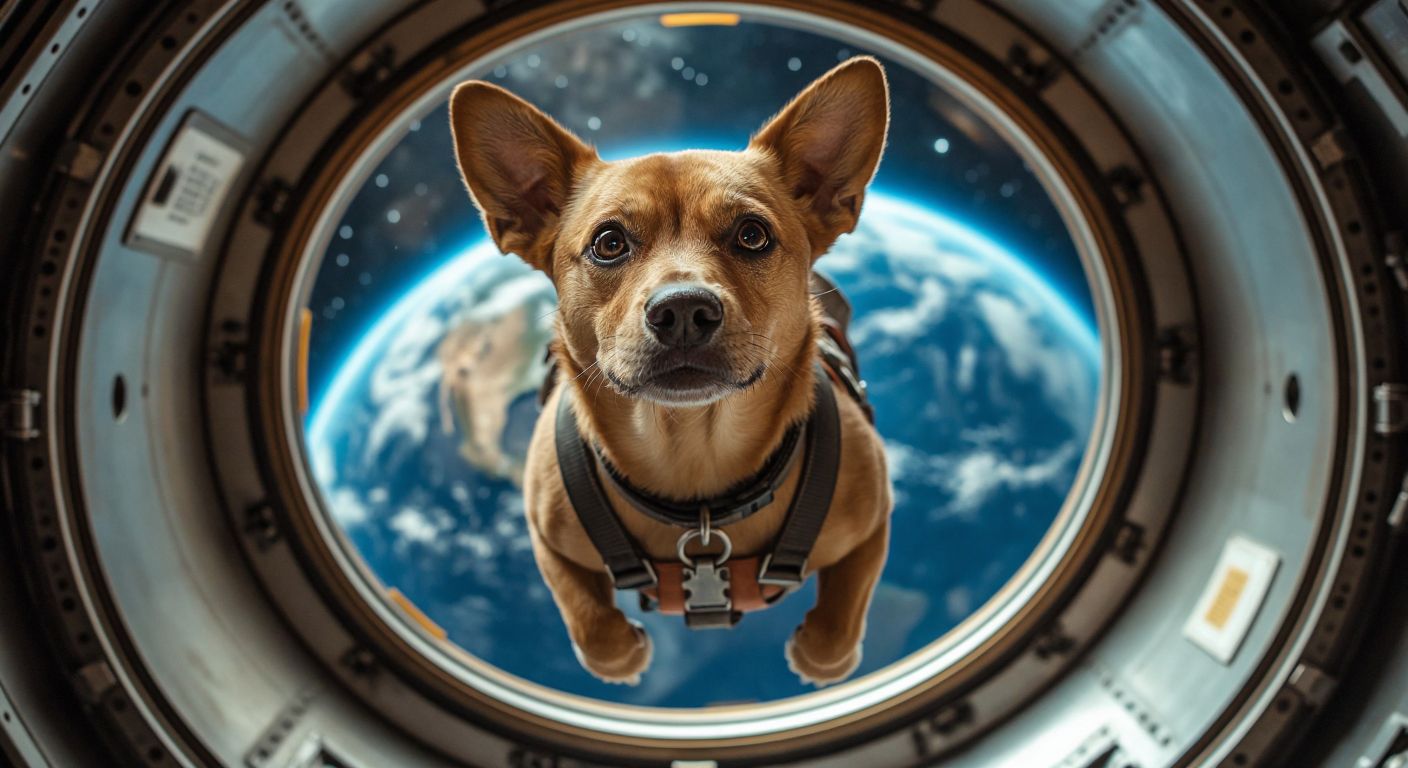 A small, brown stray dog with a harness floats inside a cramped, metallic spacecraft, its ears slightly perked and eyes wide with curiosity, while Earth glows blue through a tiny circular window behind it.