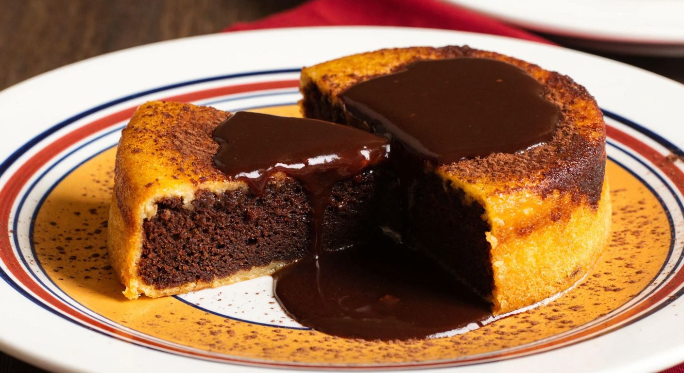 A warm, golden-brown slice of chocolate cake topped with a smooth, glossy chocolate pudding, garnished with a dusting of cocoa powder, served on a traditional Turkish ceramic plate.