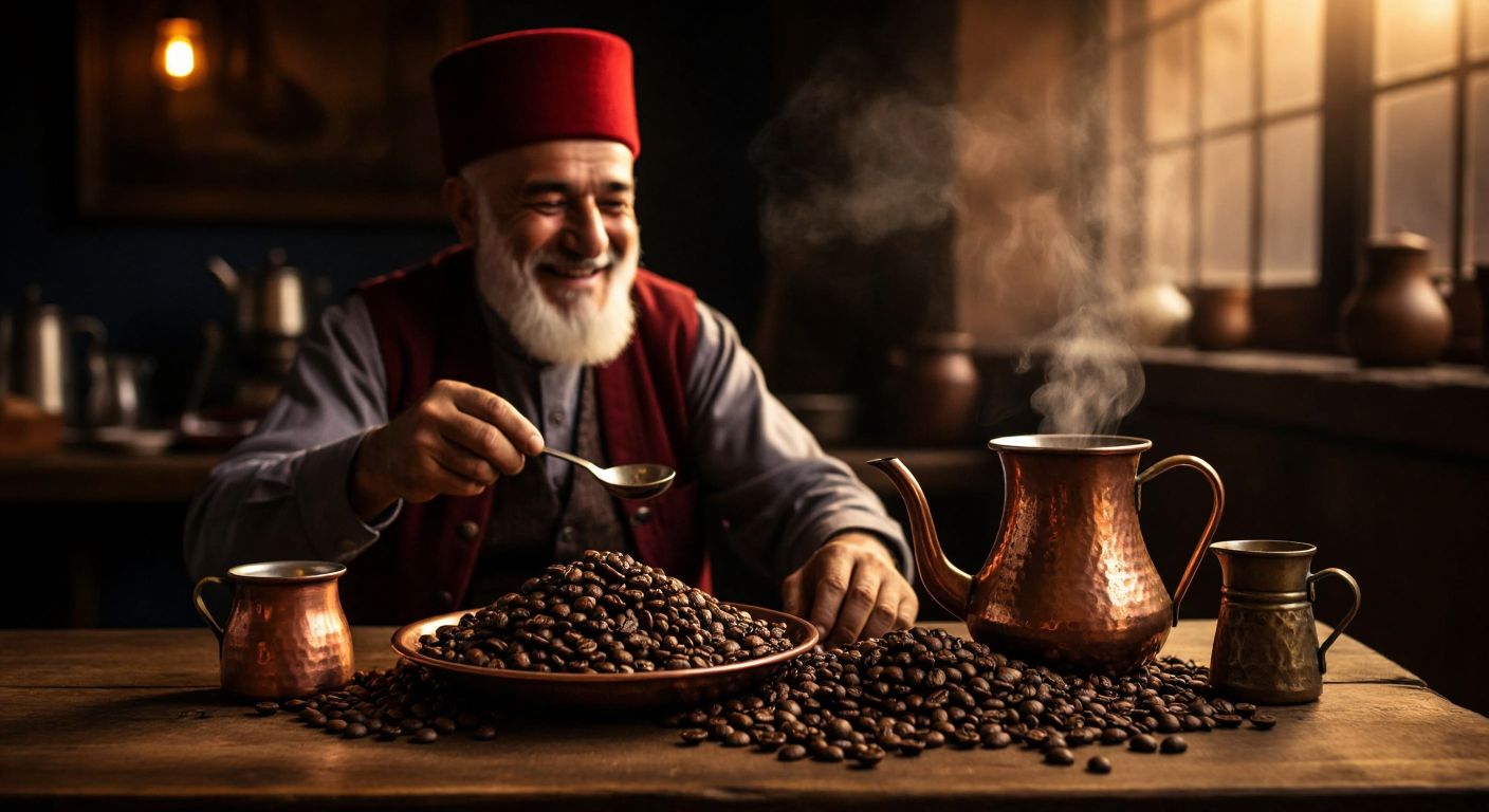 A warm, rustic Turkish coffeehouse scene with a small copper tray holding aromatic Liberica coffee beans, a traditional cezve simmering nearby, and a smiling elderly man in a fez inhaling the rich, spicy aroma.