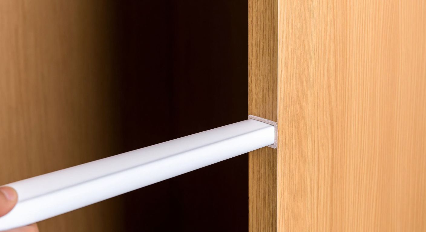 A close-up of a white, self-adhesive plastic strip being pressed onto the edge of a wooden door in a cozy Turkish home, sealing a small gap to block cold air and noise.