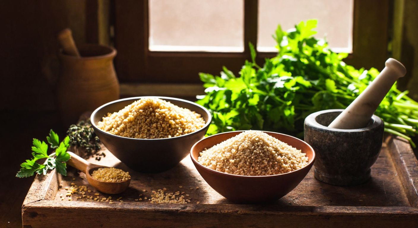 A rustic wooden table in a sunlit Turkish kitchen holds two bowls—one filled with golden siyez bulgur and the other with light brown wheat bulgur, surrounded by fresh herbs and a mortar with pestle nearby.