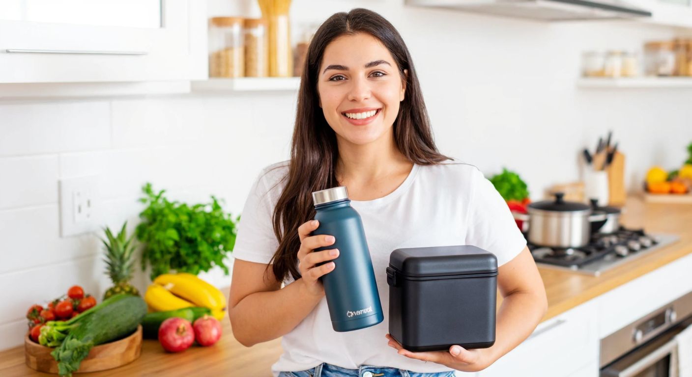 A young Turkish woman with a warm smile stands in a bright, modern kitchen, holding a sleek thermal lunchbox and a reusable water bottle, surrounded by fresh fruits and vegetables.