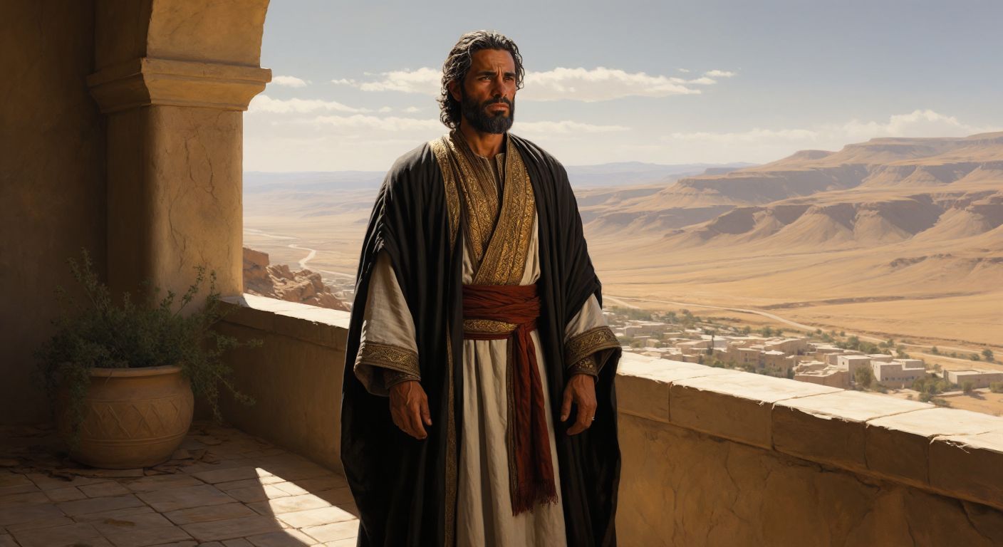 A regal North African man in ancient robes stands solemnly on a sunlit stone terrace overlooking arid hills, his weathered face reflecting wisdom and sorrow.