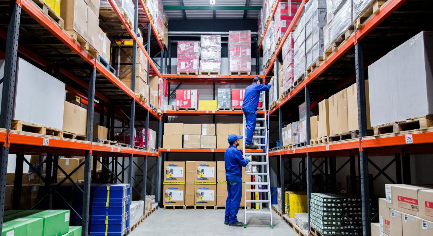 A sturdy two-tiered metal shelf in a Turkish warehouse, neatly stacked with colorful boxes and tools, while a worker in a blue uniform climbs a small ladder to access the upper level.