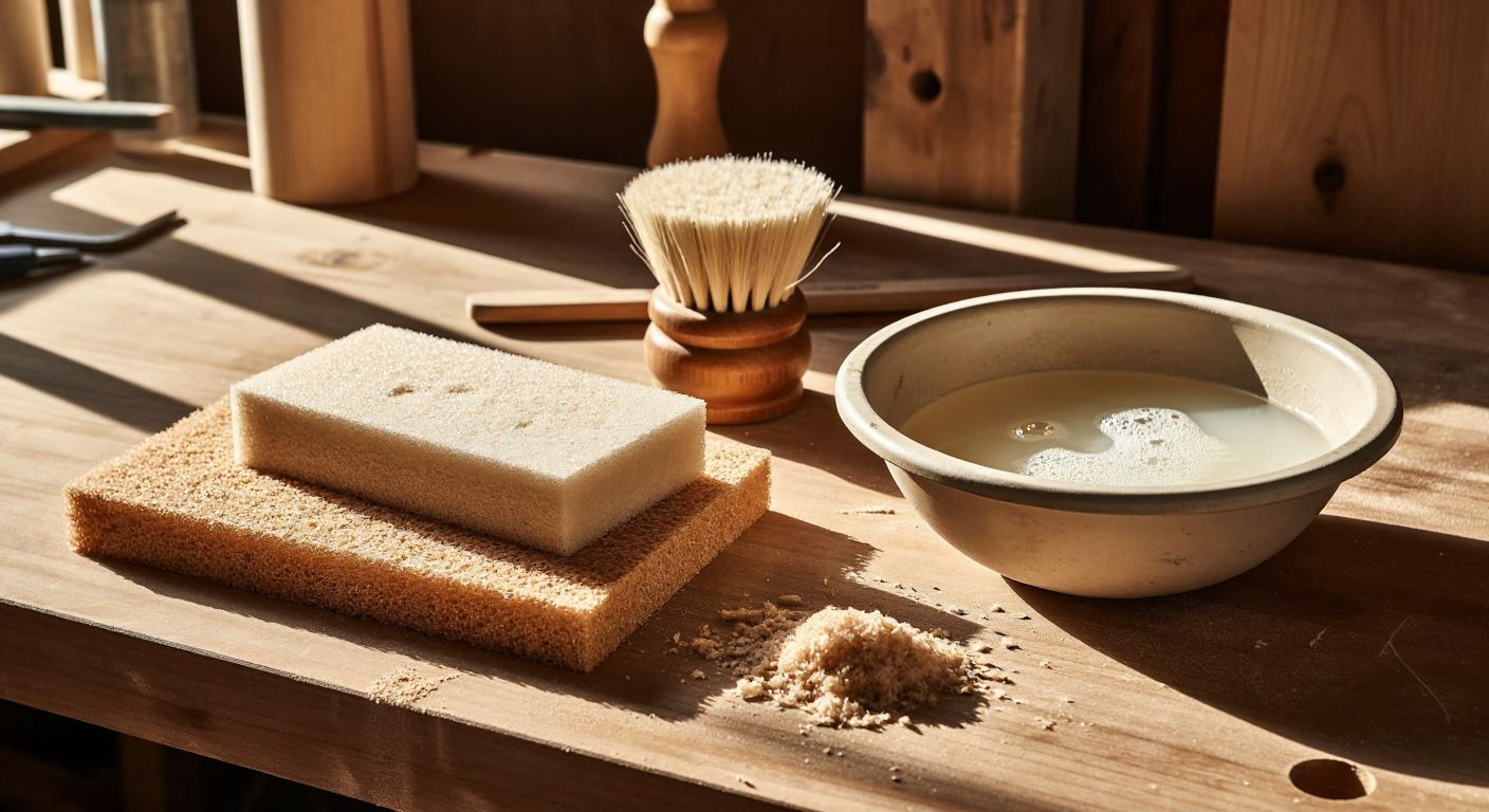 A worn sanding sponge rests on a wooden workbench beside a soft-bristled brush and a small bowl of soapy water, with wood dust scattered nearby under warm sunlight.