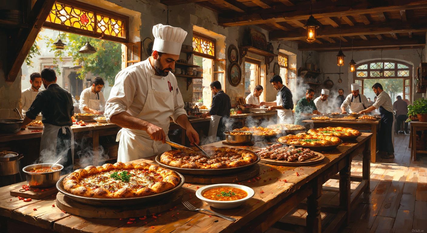A bustling Turkish pide restaurant with steaming golden Görele-style pides fresh from the oven, a skilled chef in a white apron preparing kebabs, and a warm bowl of paça çorbası on a wooden table, surrounded by happy diners in a cozy, traditional setting.